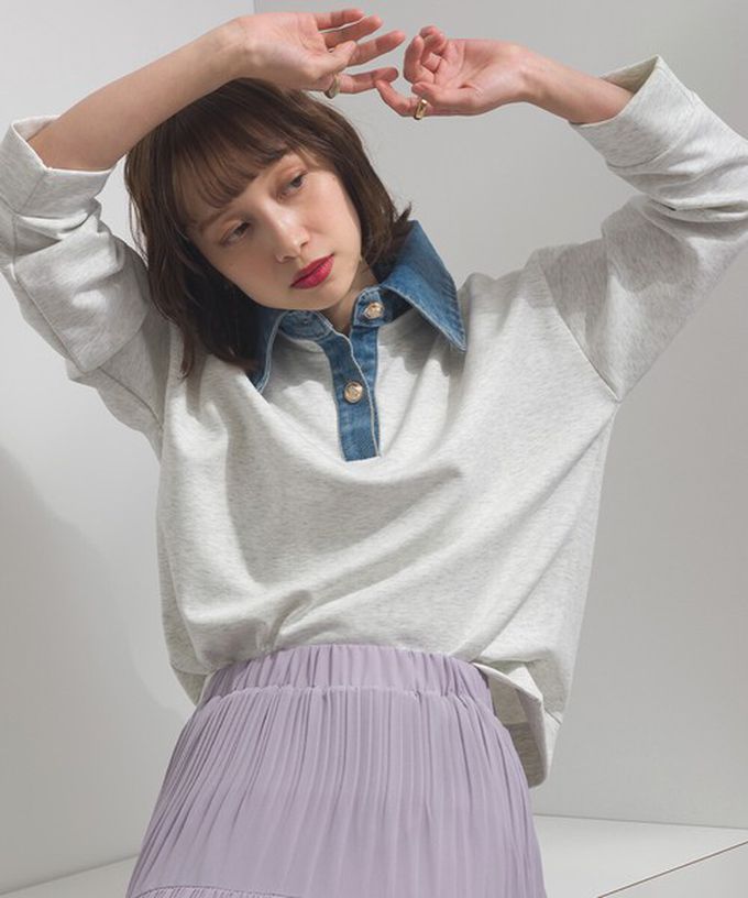 日本 ELENCARE DUE - 牛仔領層次感厚磅休閒長袖上衣-灰