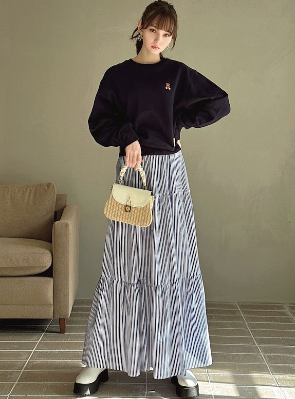 日本 GRL - 百搭簡約直條紋蛋糕裙-深藍