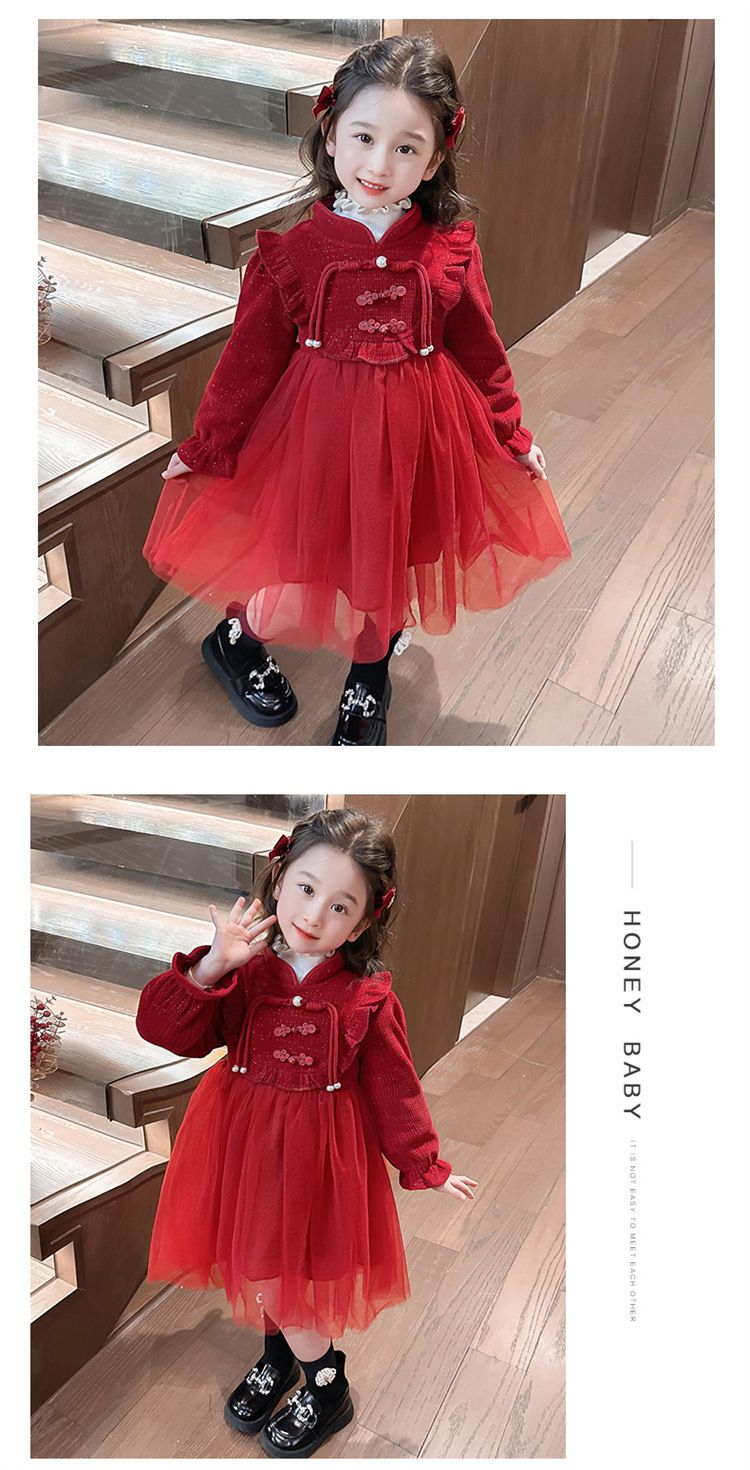 加絨漢服風立領網紗連身洋裝-紅色