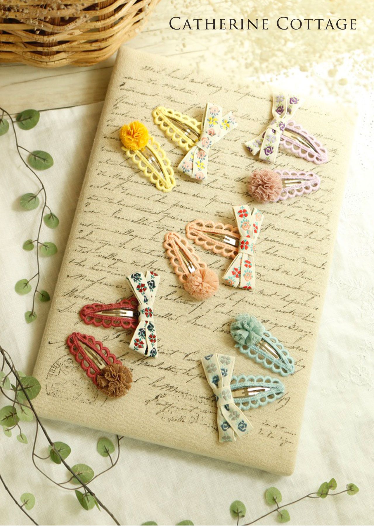 日本 Catherine Cottage - 手工編織復古風可愛髮夾(2入組)-黃粉系