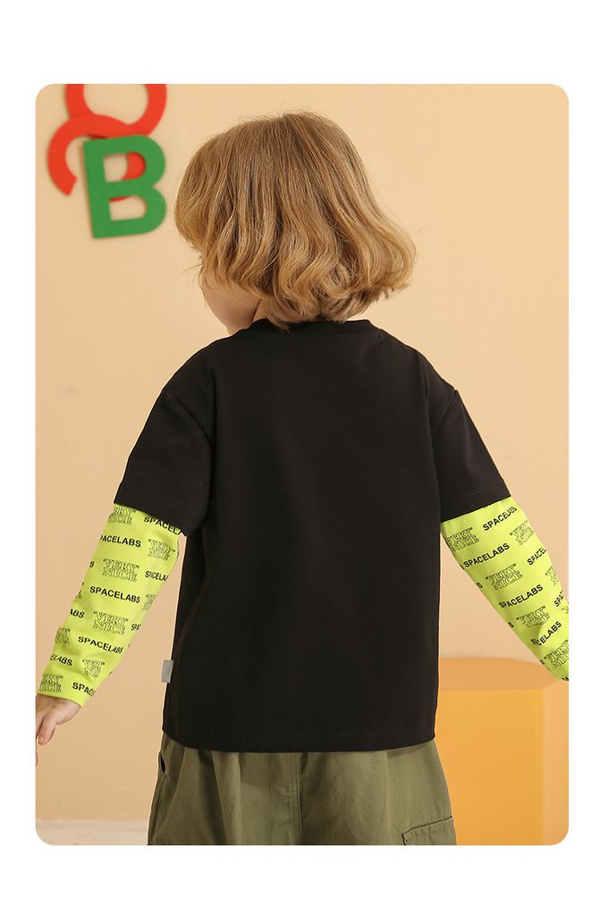 圓領假兩件長袖上衣-漂浮太空人-黑+螢光綠色