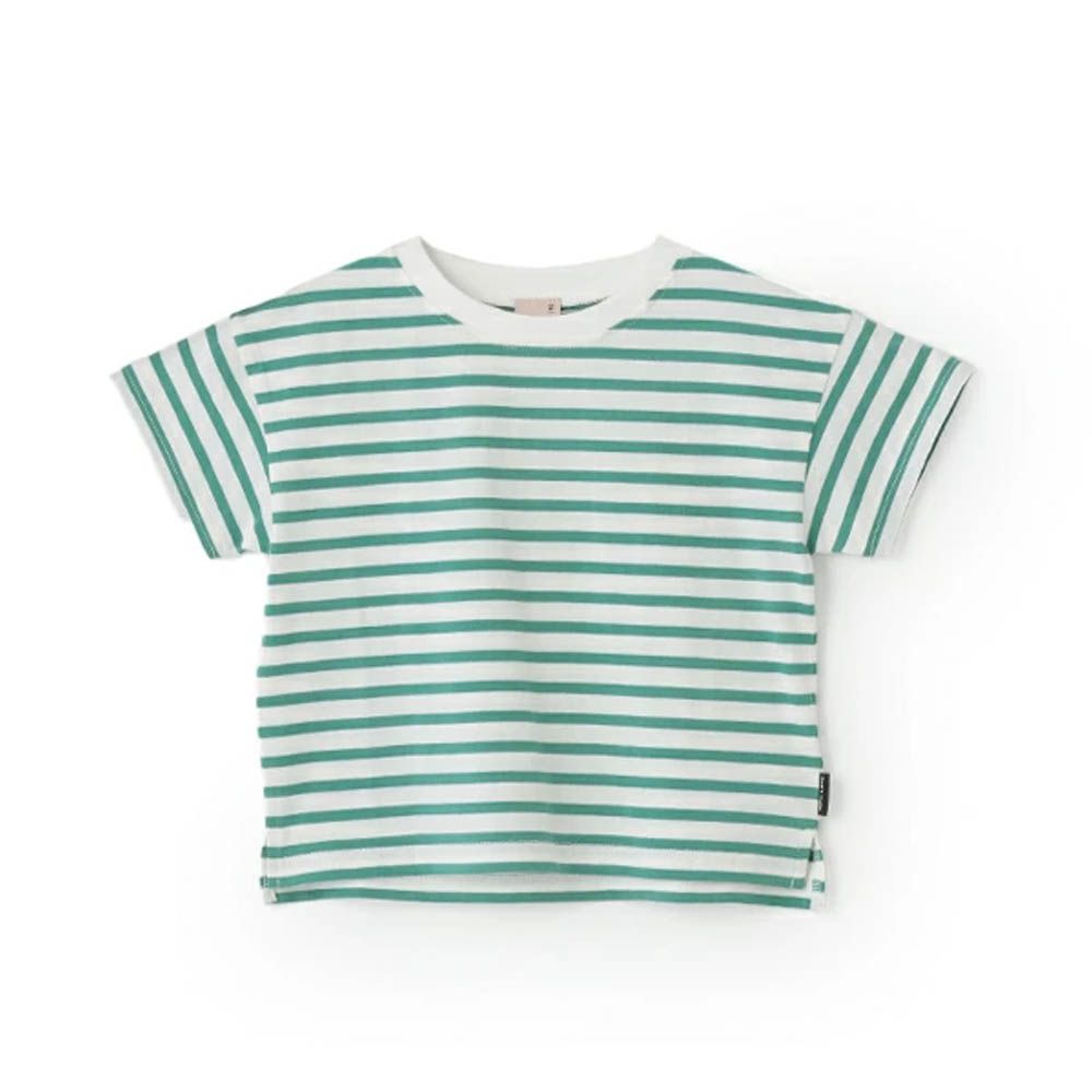[低價]接觸冷感 條紋短袖上衣-綠x白