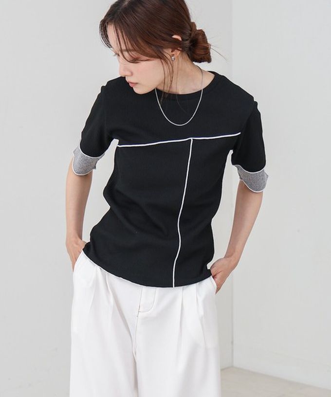 日本 Bab - 柔美線條羅紋異材質短袖上衣-白 (M)