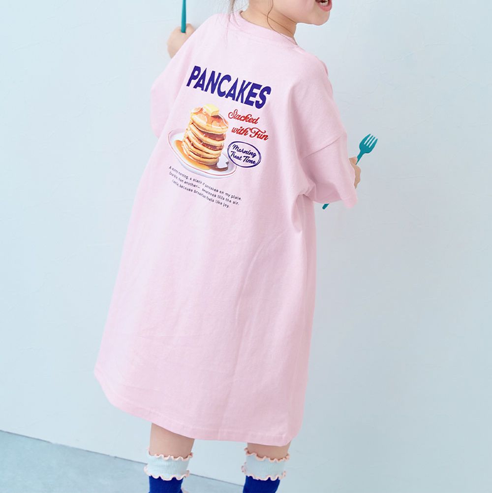 100%棉 率性印花短袖洋裝-美式鬆餅-櫻花粉