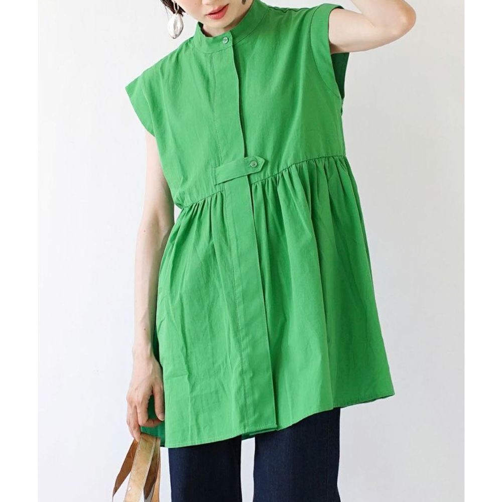 設計感抓皺修身無袖襯衫-綠