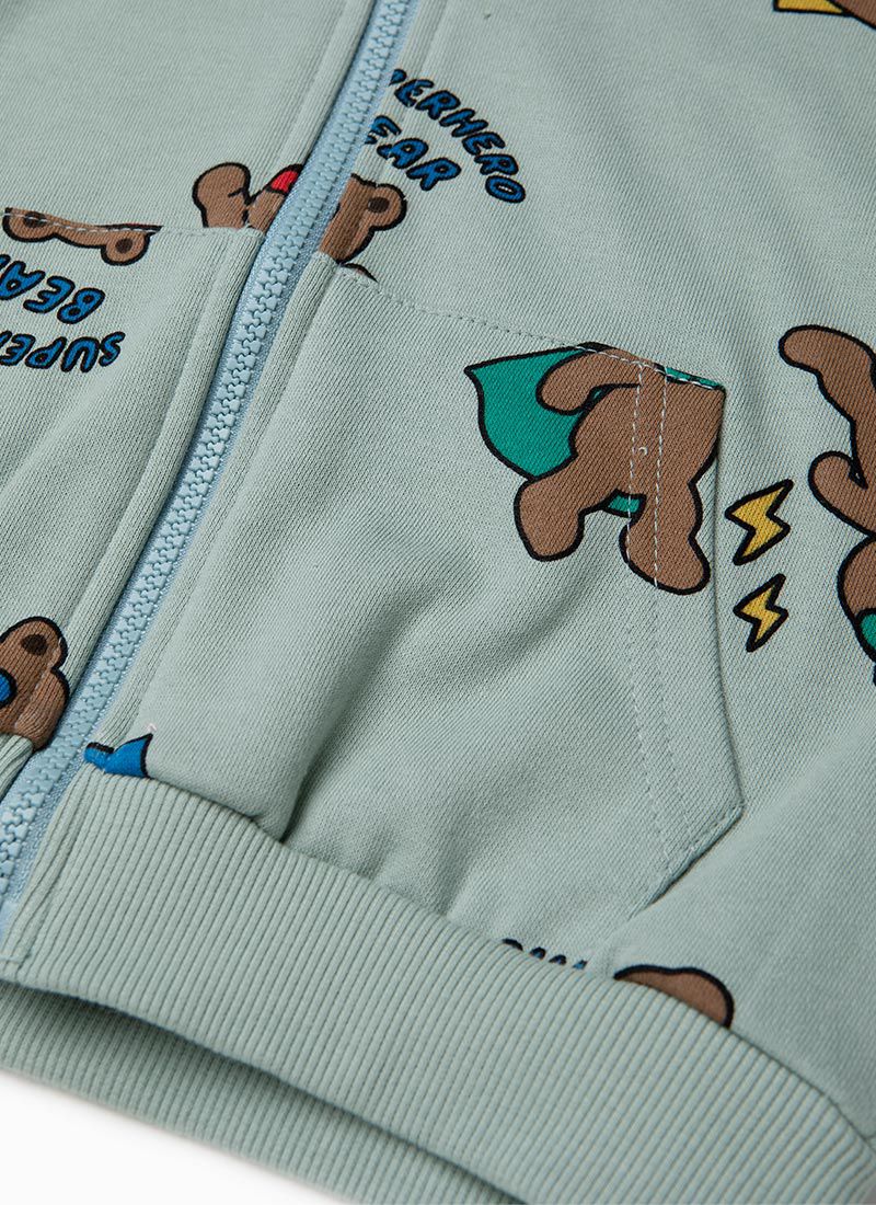 韓國 OZKIZ - 熊熊超人拉鍊連帽外套-灰綠