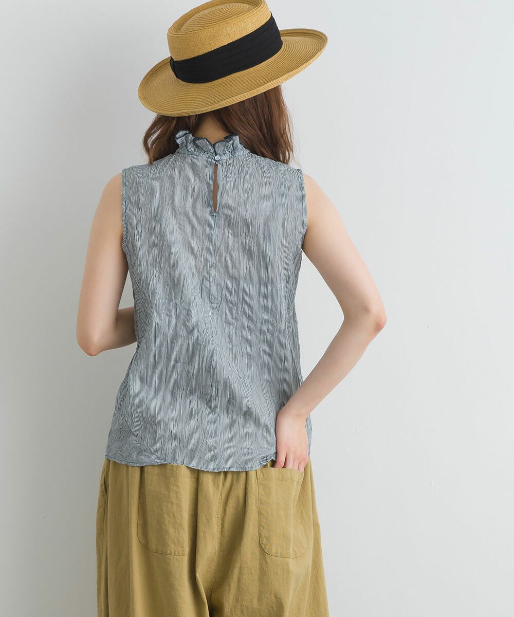 日本女裝代購 - 木耳領楊柳感無袖上衣-直條紋-深灰藍