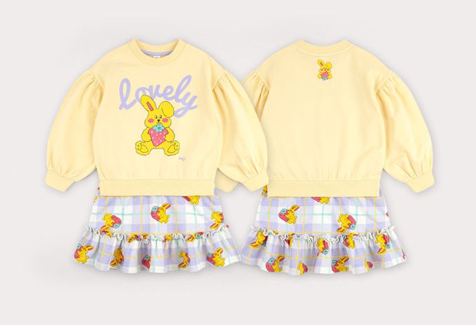 韓國 HEJMINI - 假兩件草莓兔娃娃印連身洋裝-黃X紫