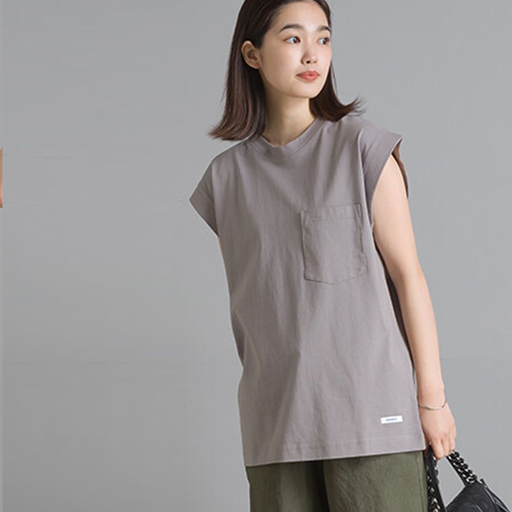 日本 OMNES - 100%美國棉修身口袋無袖上衣-灰 (F)