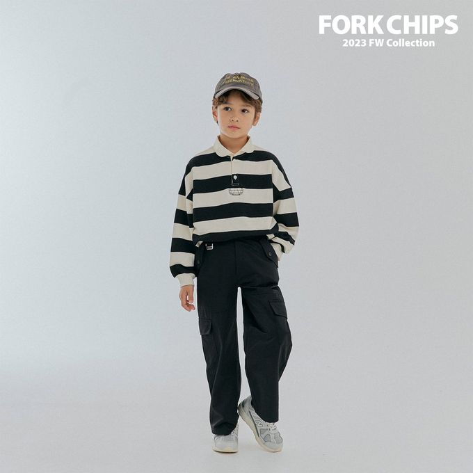 韓國 FORK CHIPS - 鬆緊腰大口袋工裝寬鬆長褲-黑