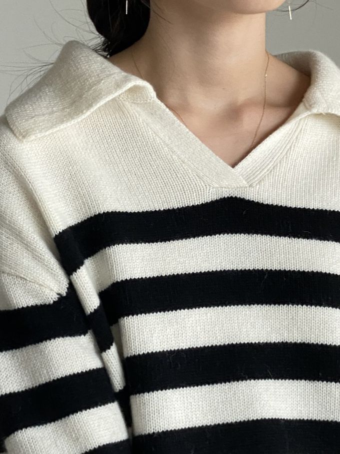 韓國女裝連線 - 精選美麗諾羊毛翻領上衣-米白底X黑條紋 (FREE)