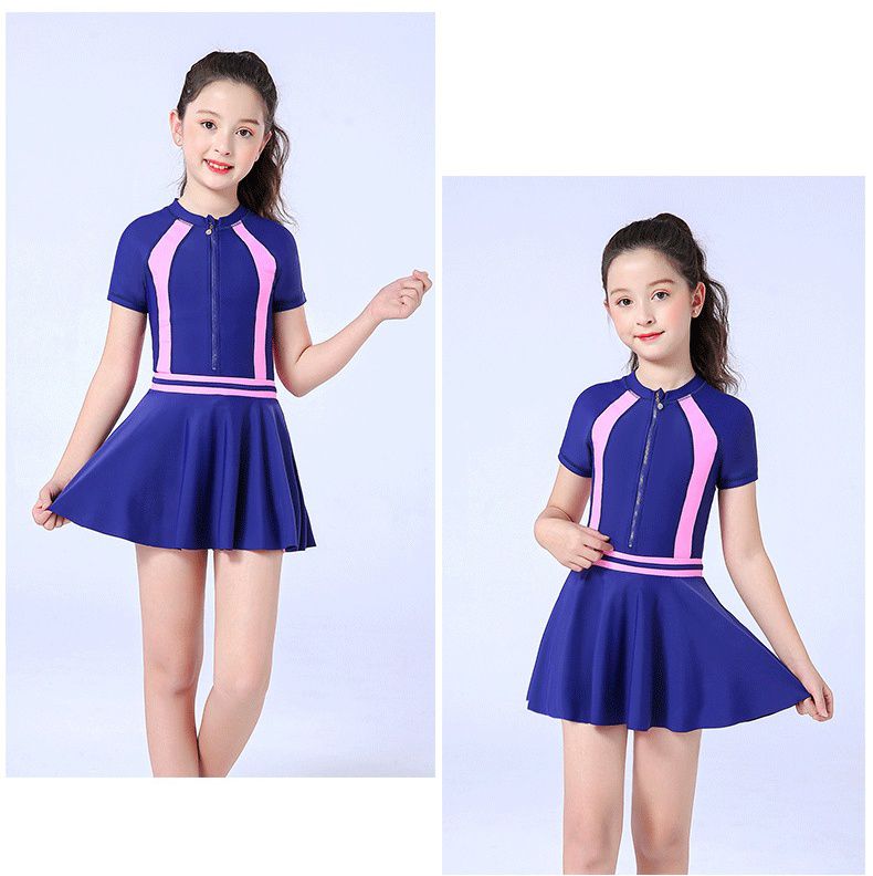 運動風短袖連身泳裝-裙子款-粉+藍