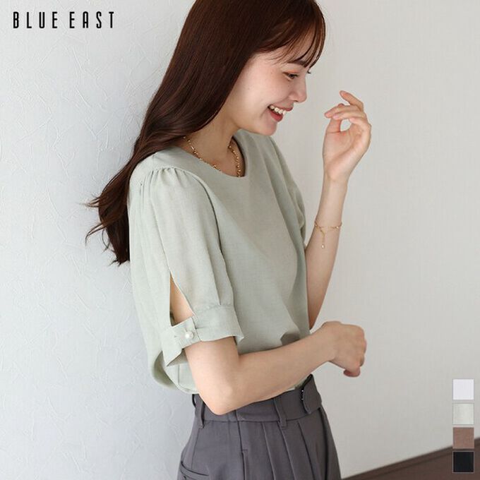 日本 BLUE EAST - 珍珠袖扣亞麻感氣質短袖上衣-摩卡 (M)