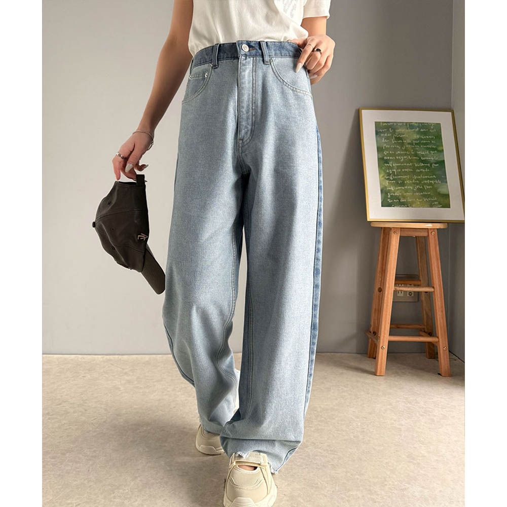 Java 個性深淺配色寬版丹寧褲-藍系