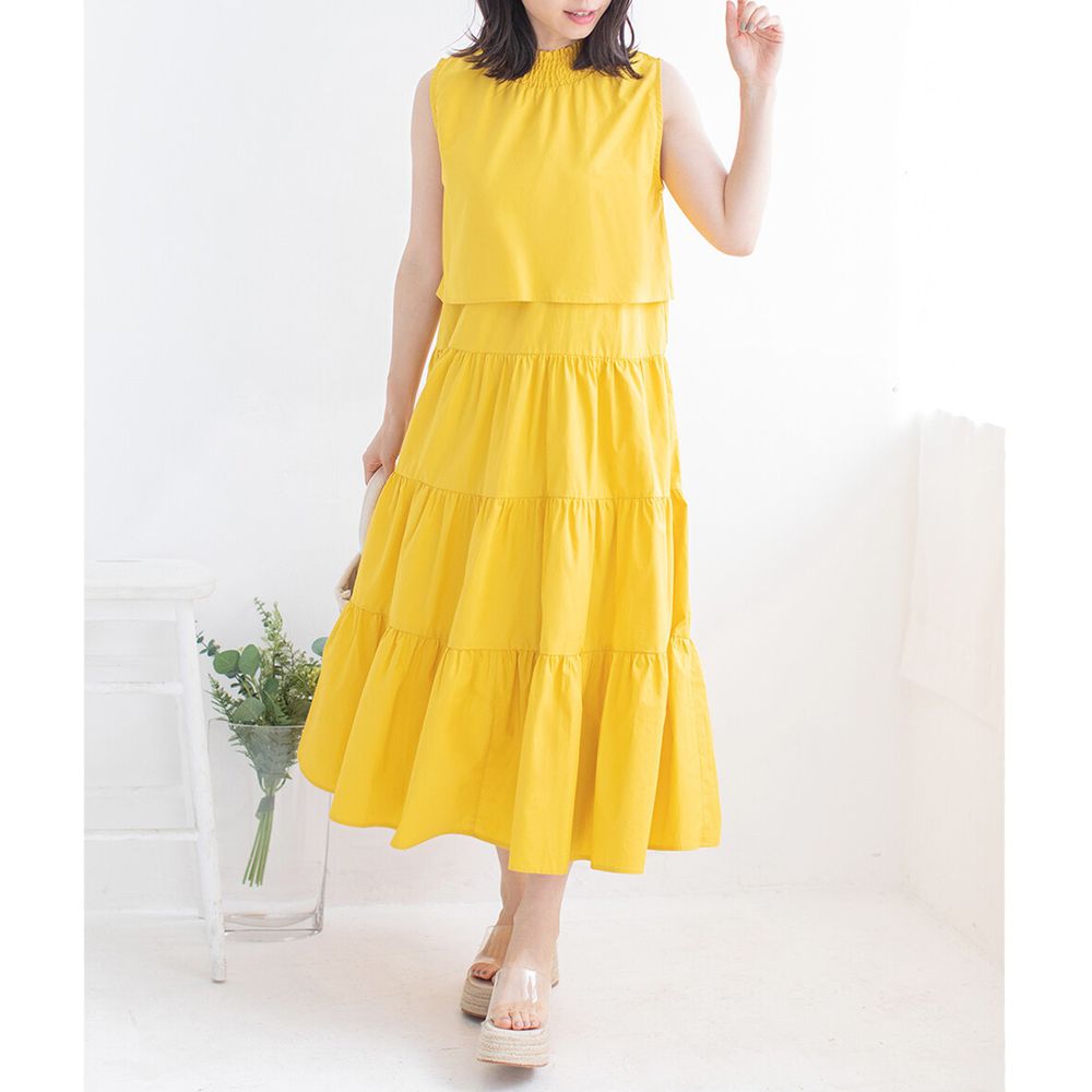 日本 Bou Jeloud - 俏皮假兩件層次感無袖蛋糕長洋裝-黃