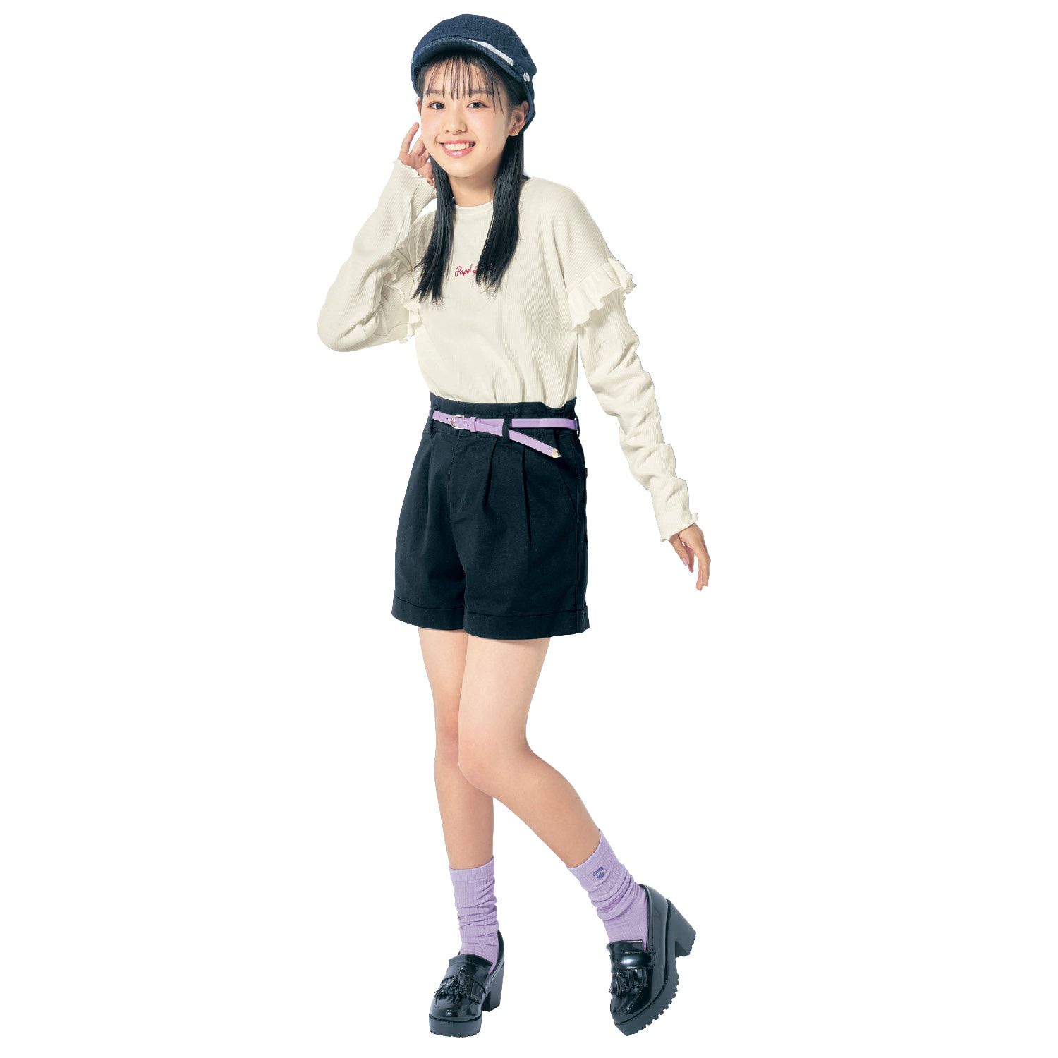 日本 Papel lapiz - 附皮帶腰荷葉邊休閒短褲(腰圍可調)-象牙米