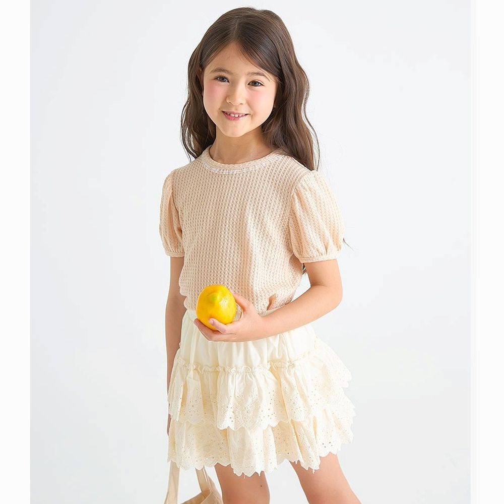 編織感燈籠袖上衣X蓬蓬層次蕾絲裙套裝-杏X米