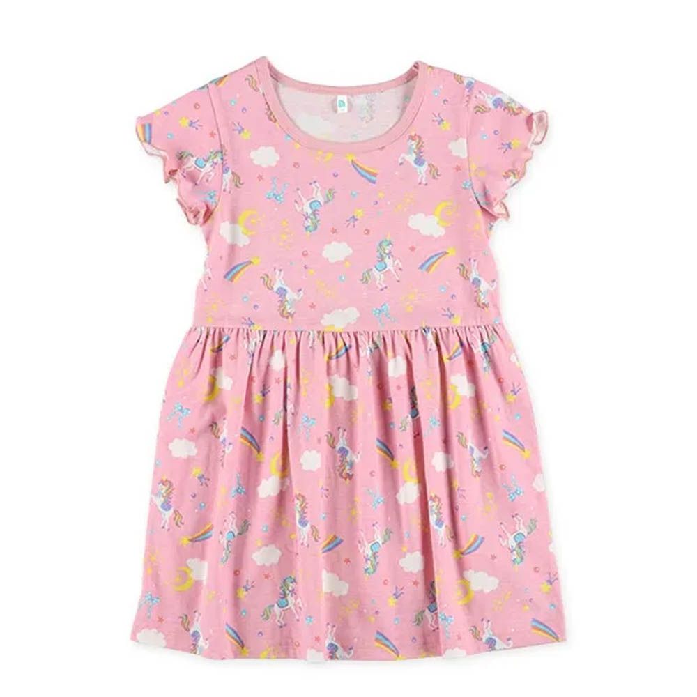 100%棉 夢幻獨角獸印花短袖洋裝-粉紅