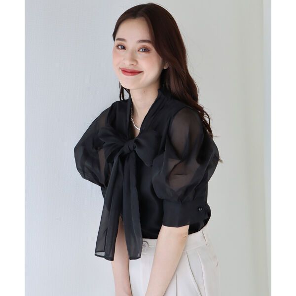 日本 BLUE EAST - 氣質薄紗蝴蝶結泡泡短袖上衣-白