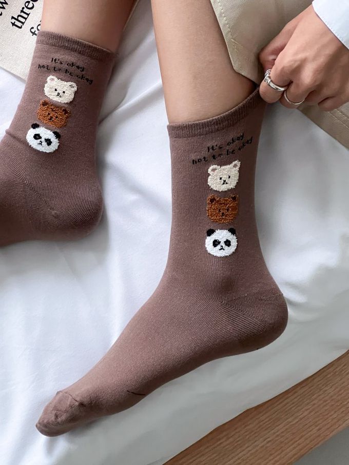 韓國Marian - 三隻毛毛熊中筒襪-棕色 (Free)