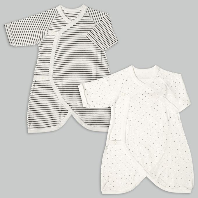 akachan honpo - 長袖新生兒內衣6件組-按扣款 橫紋-米白色 (50~60cm)