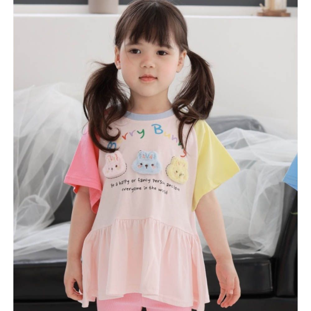 立體毛絨兔兔撞色短袖短洋裝-粉X黃