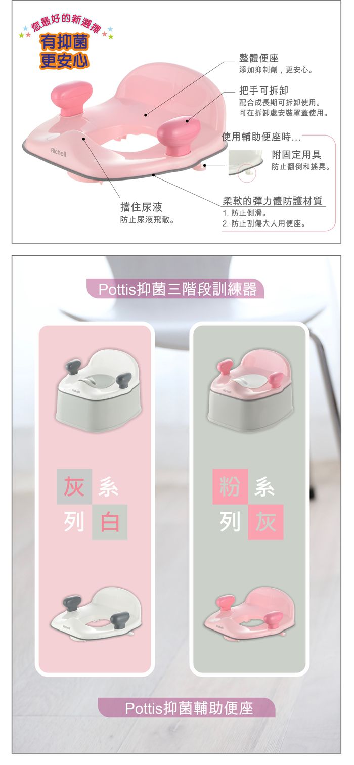 日本 Richell 利其爾 - Pottis灰白抑菌三階段訓練器-抑菌-灰白-12m以上