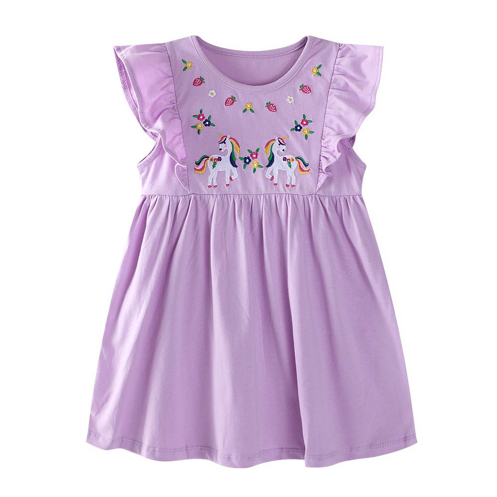 棉質圓領小飛袖洋裝-草莓獨角獸-紫色
