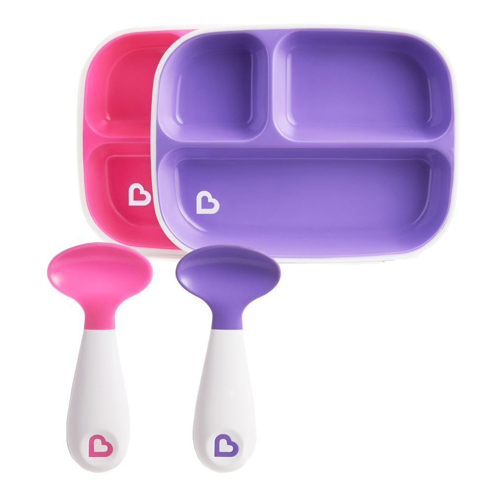 美國 munchkin - A+B超值組：防滑三格餐盤2入(粉/紫) + 送左右手幼兒學習湯匙2入(粉/紫)