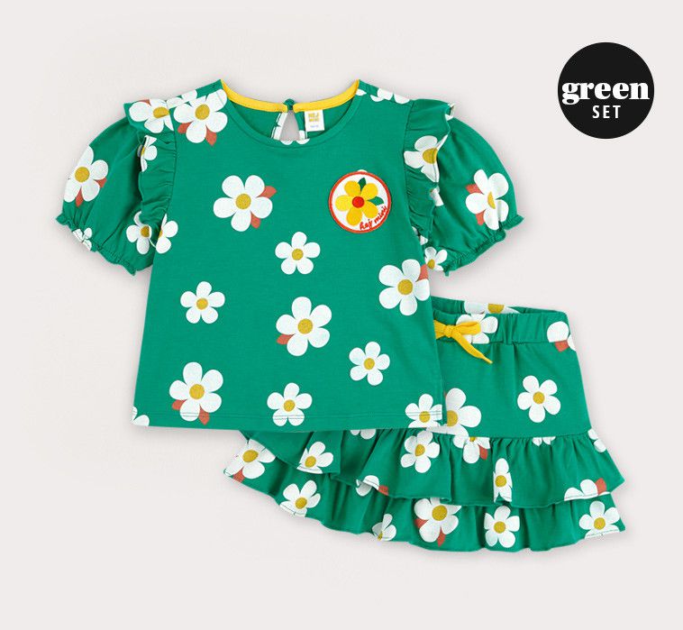 韓國 HEJMINI - 公主袖滿版花朵褲裙套裝-綠