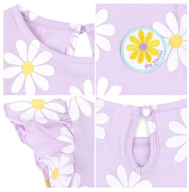 韓國 HEJMINI - 荷葉袖滿版雛菊上衣-紫