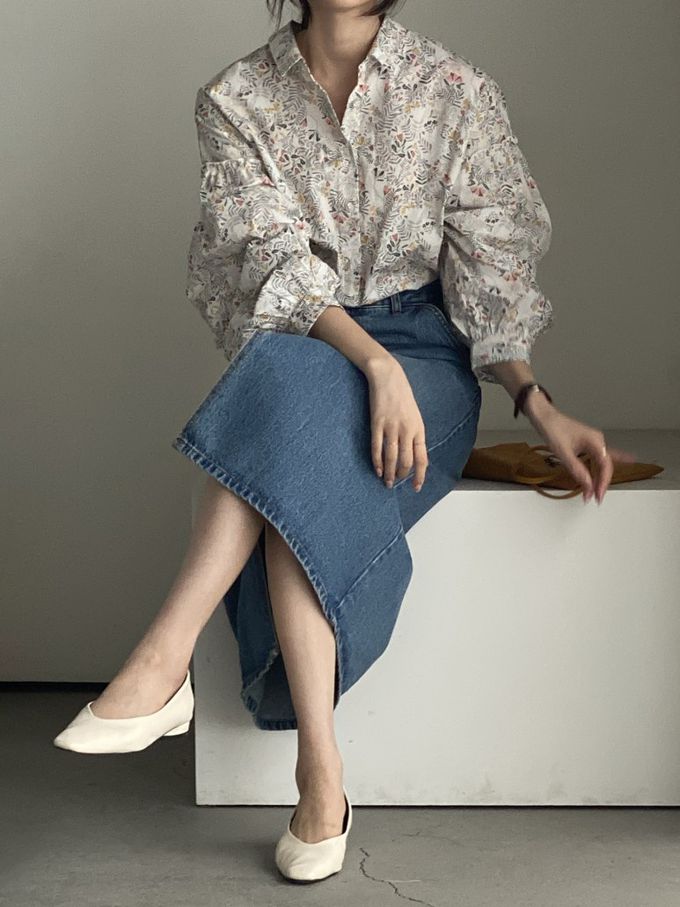 韓國女裝連線 - 花草圖樣翻領拼接長袖襯衫-象牙白 (FREE)