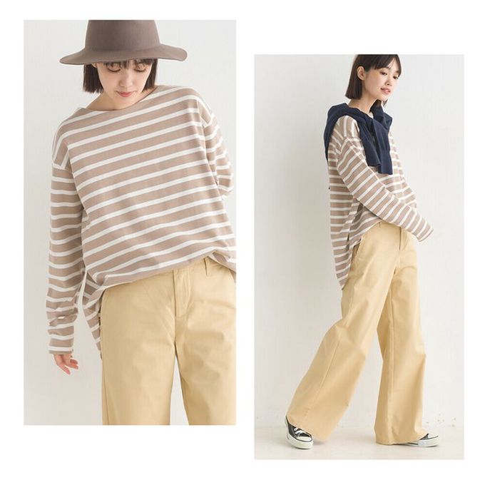 日本 OMNES - 純棉厚磅定番條紋長袖上衣-海軍藍x粉米