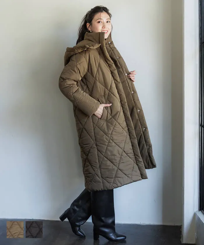 日本 COCA - 俐落長版絎縫鋪棉保暖外套(帽可拆)-咖啡