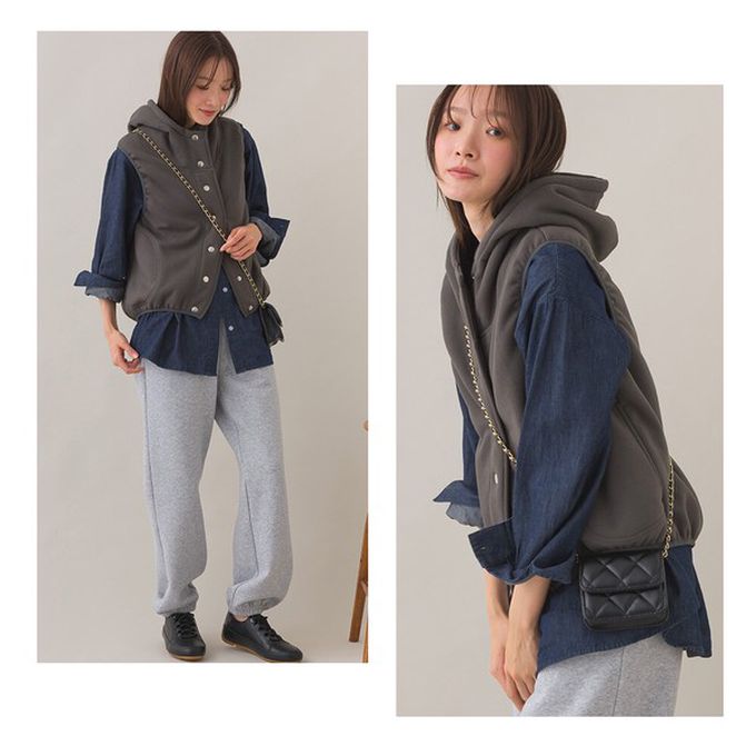 日本 OMNES - 裏起毛保暖短版運動風連帽背心-咖啡