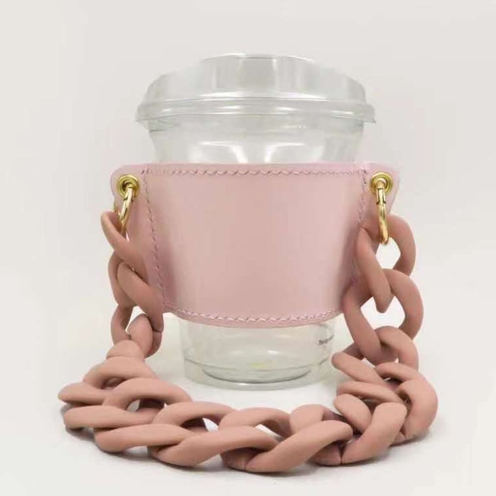 時尚手鏈咖啡皮質杯套-粉色鏈條+粉色杯套