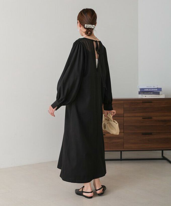 日本 Bab - 優雅蕾絲拼接背綁帶長袖洋裝-米