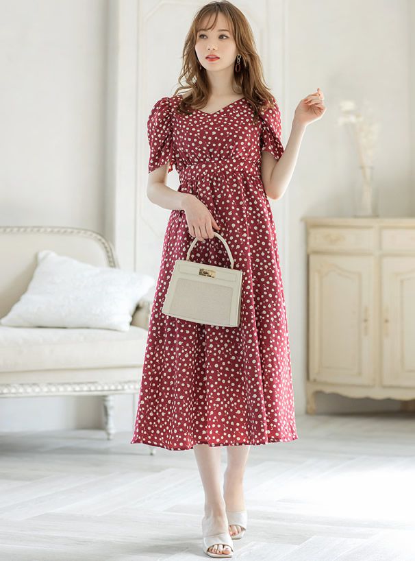 日本 GRL - 櫻桃點點V領復古泡泡短袖洋裝-黑