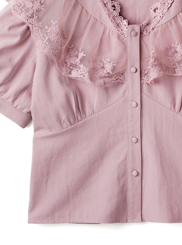 日本 GRL - 浪漫花蕾絲泡泡短袖排釦襯衫-白