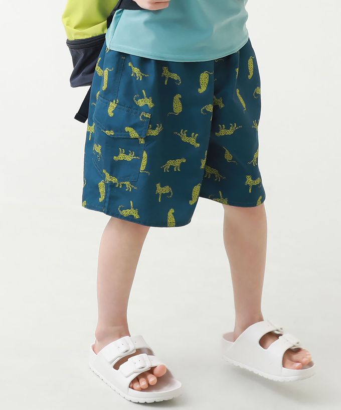 日本 devirock - 90%抗UV 鬆緊印花沙灘褲/泳褲(含內褲)-葉子-寶石綠