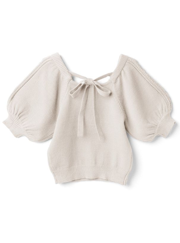 日本 GRL - 美背蝴蝶結麻花泡泡短袖針織上衣-氣質杏 (F)