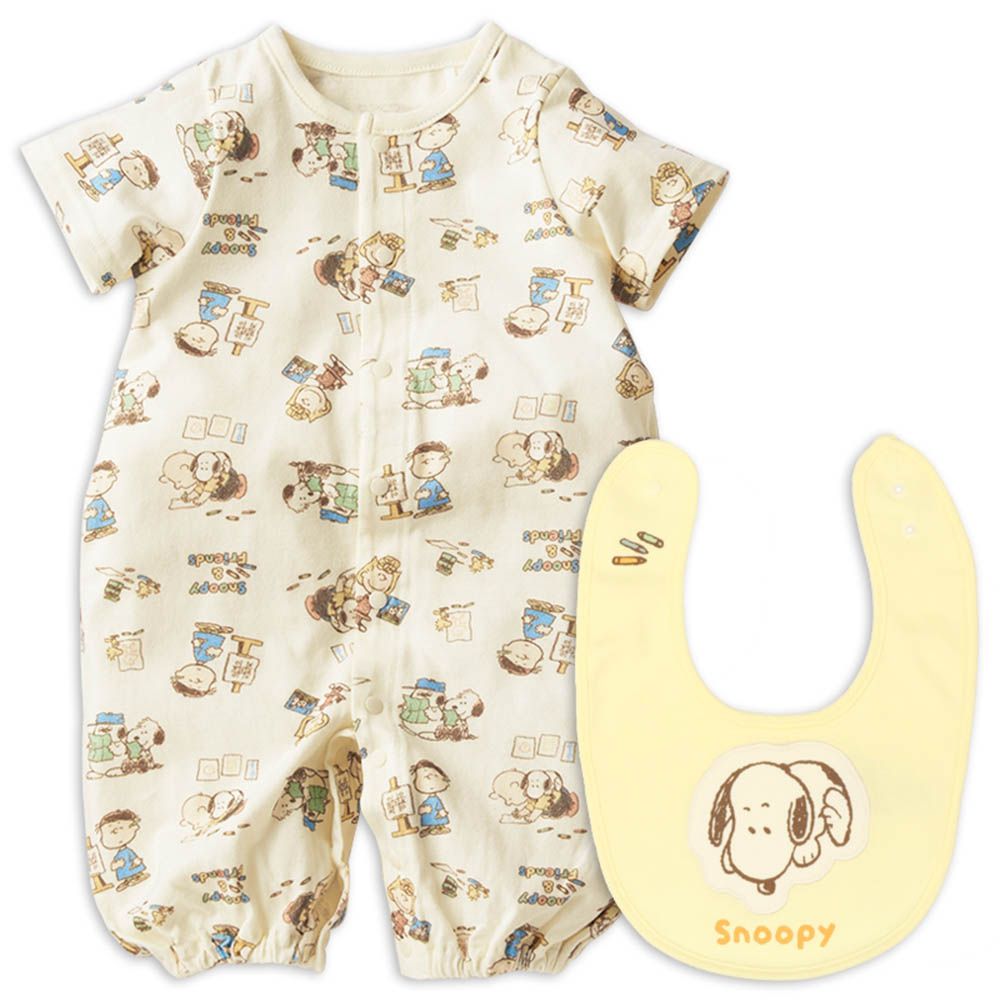 短袖連身衣-史努比滿版印花 附布貼圍兜-米白色 (50~60cm)