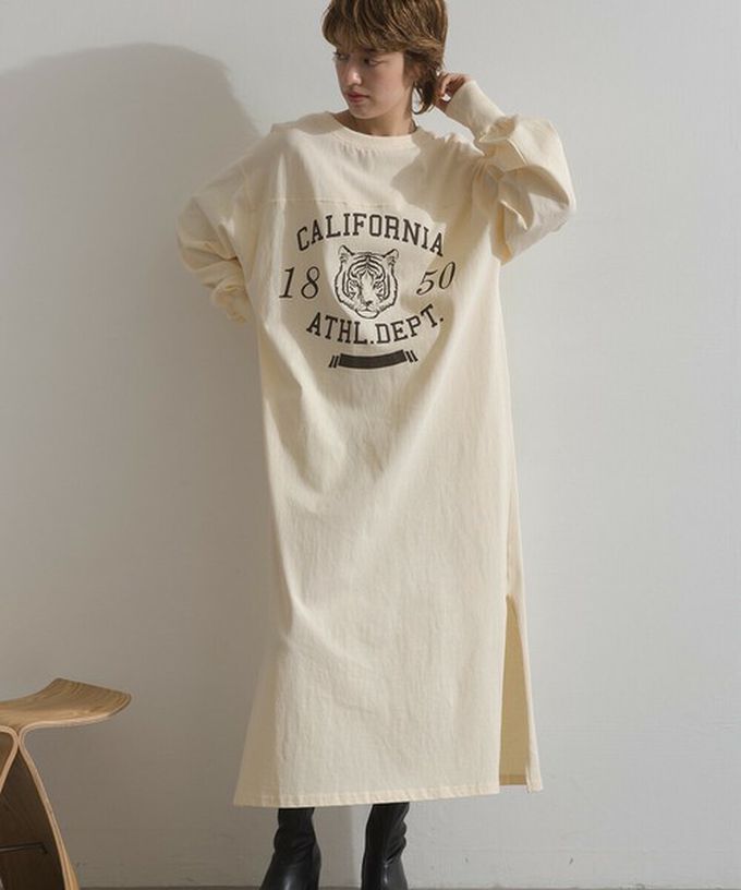 日本 Lupilien - 帥氣老虎印花側開叉長袖洋裝-灰棕