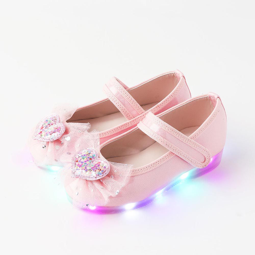 韓國 OZKIZ - (LED)星星愛心網紗裝飾皮鞋-嬰兒粉
