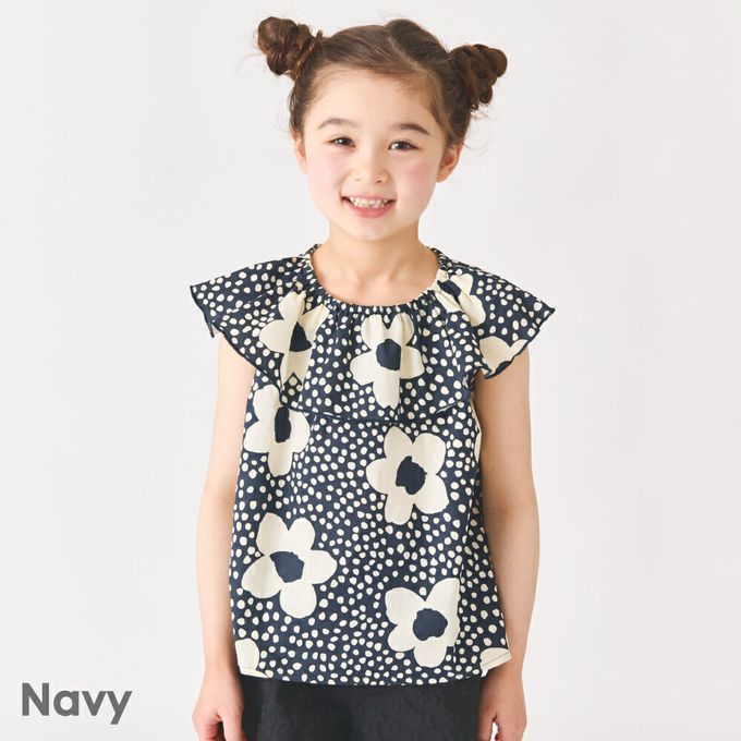 日本 evercloset - 100%棉 歐風荷葉領無袖背心-海軍藍