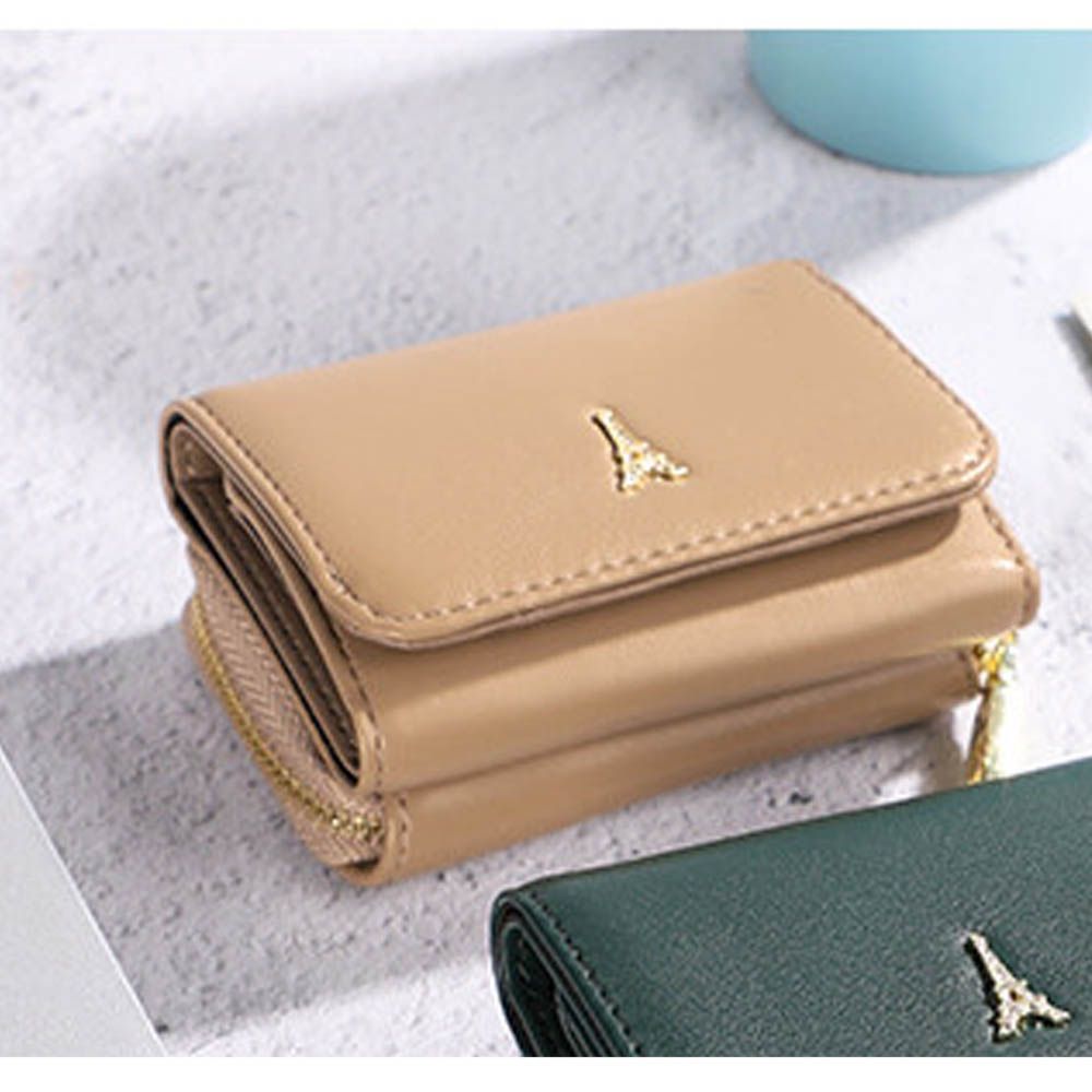 巴黎鐵塔三折輕巧迷你短夾-淺米棕