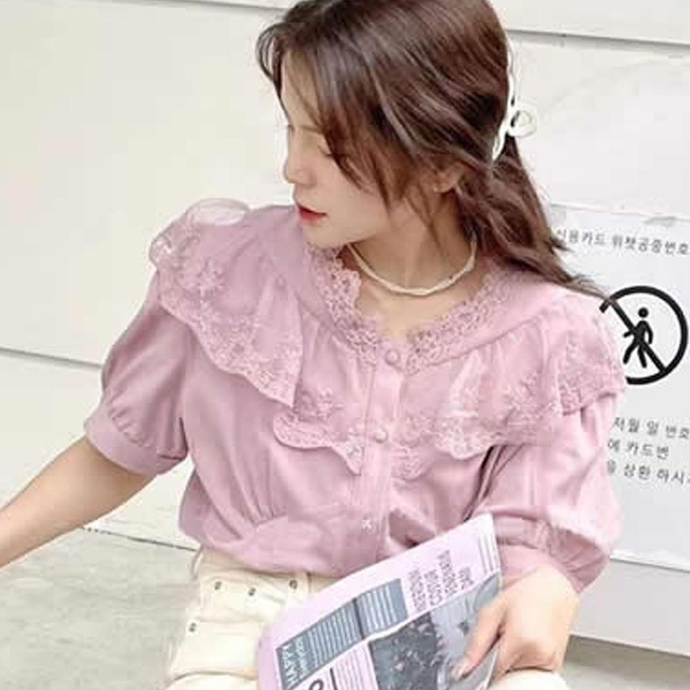 日本 GRL - 浪漫花蕾絲泡泡短袖排釦襯衫-粉