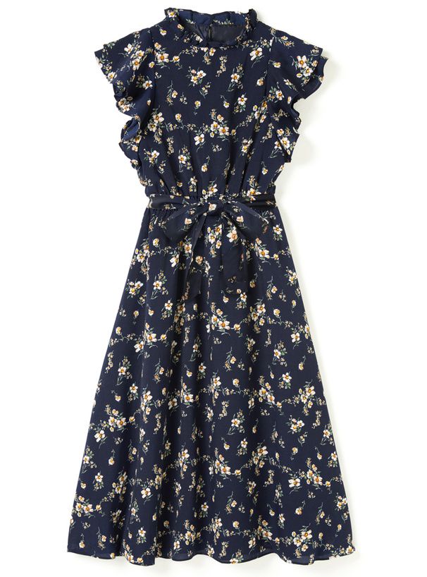 日本 GRL - 清新小碎花飛飛袖綁帶雪紡洋裝-深藍