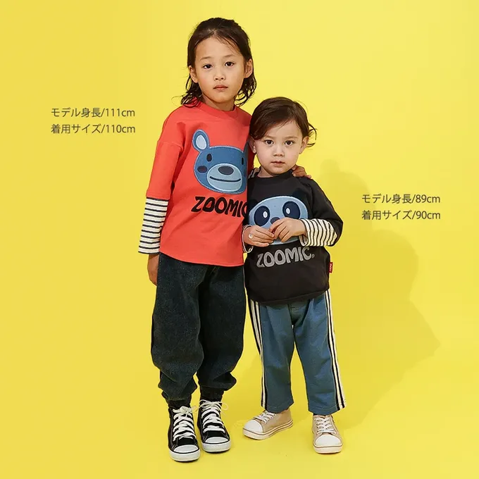 日本 ZOOLAND - 丹寧風小熊長袖上衣-假二件袖-炭黑