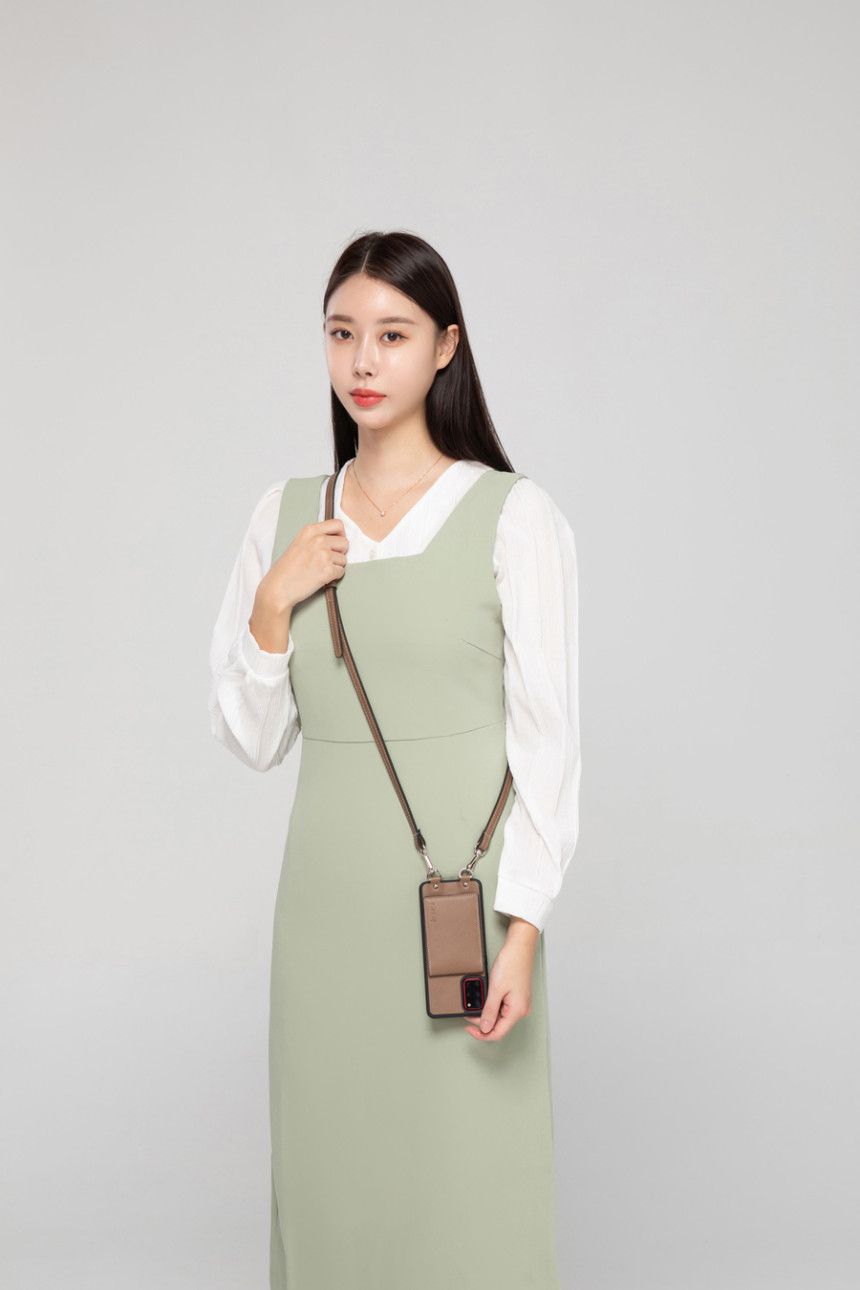 韓國 ARDERE - 卡夾折疊鏡皮質背繩防摔手機殼-可可棕